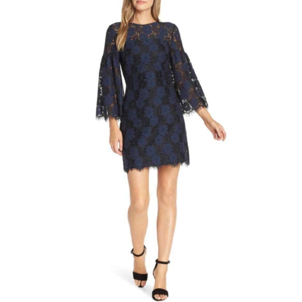 Trina Turk 2-Tone Floral-Lace Bell Sleeve Dress